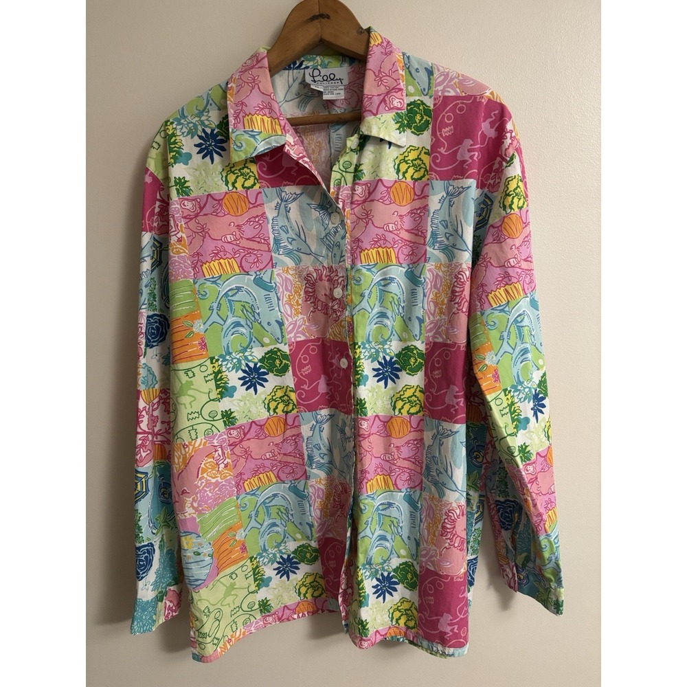 Vintage Lilly Pulitzer Button Down Shirt Blouse Medium Pink Green Shark Monkey